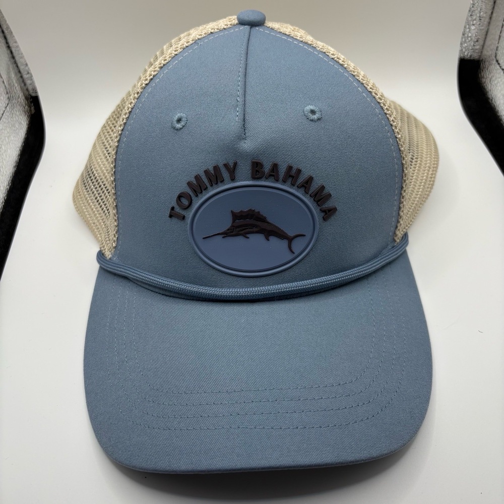 Tommy Bahama Hat Mens Size Adjustable Light Blue Beige Trucker Mesh Back Beach